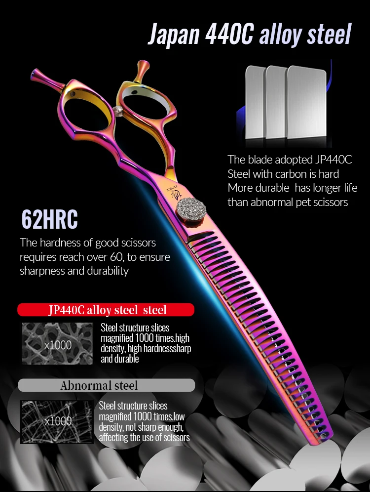 Fenice 7.25 Inch Professional Diamonds Screw Curved Chunker Scissors Pet Grooming Shears JP440C Thinner Shears for Dogs