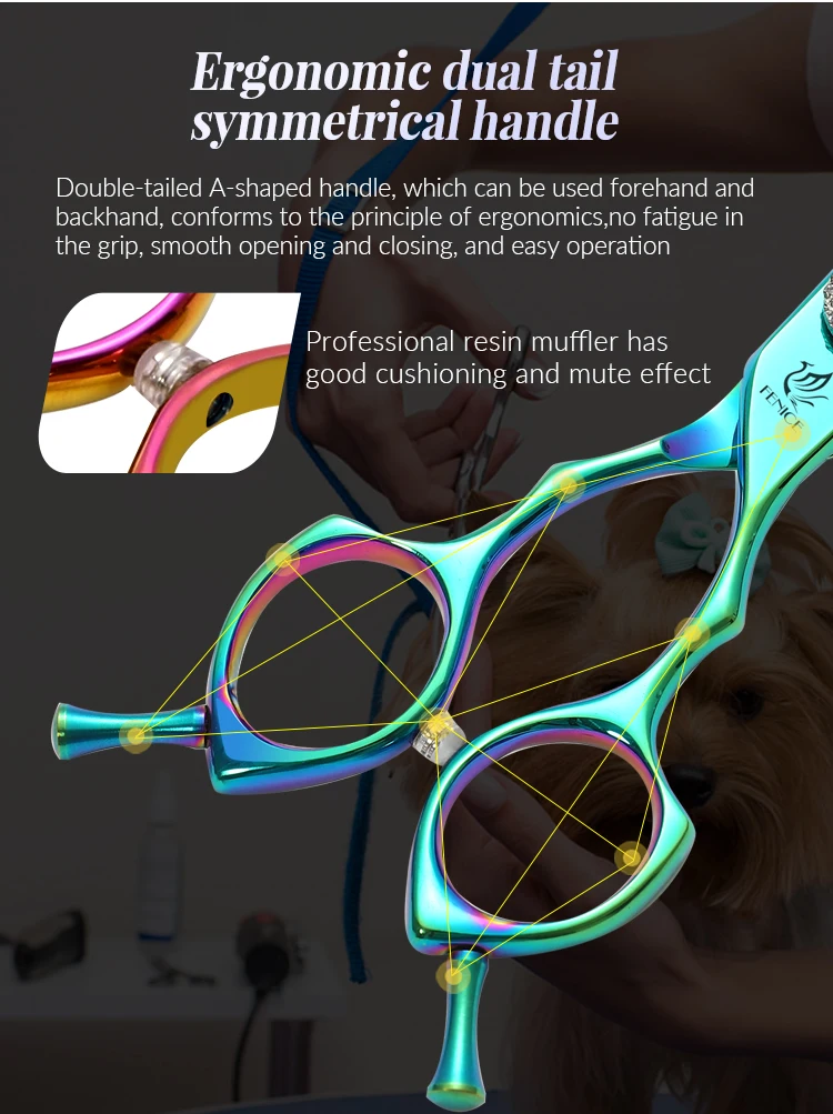 Fenice 7.25 Inch Professional Diamonds Screw Curved Chunker Scissors Pet Grooming Shears JP440C Thinner Shears for Dogs