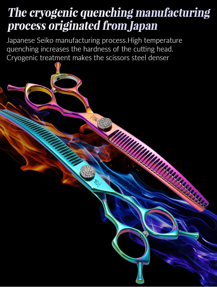 Fenice 7.25 Inch Professional Diamonds Screw Curved Chunker Scissors Pet Grooming Shears JP440C Thinner Shears for Dogs