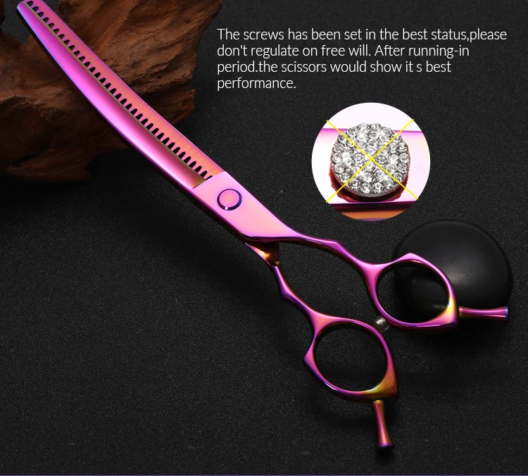 Fenice 7.25 Inch Professional Diamonds Screw Curved Chunker Scissors Pet Grooming Shears JP440C Thinner Shears for Dogs