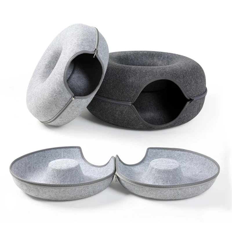 Cat Bed Donut Shape Pet Interactive House for 2 Cats Felt Tunnel Kitten Beds Removable Half Closed Cat Cave Nest Pets Supplies