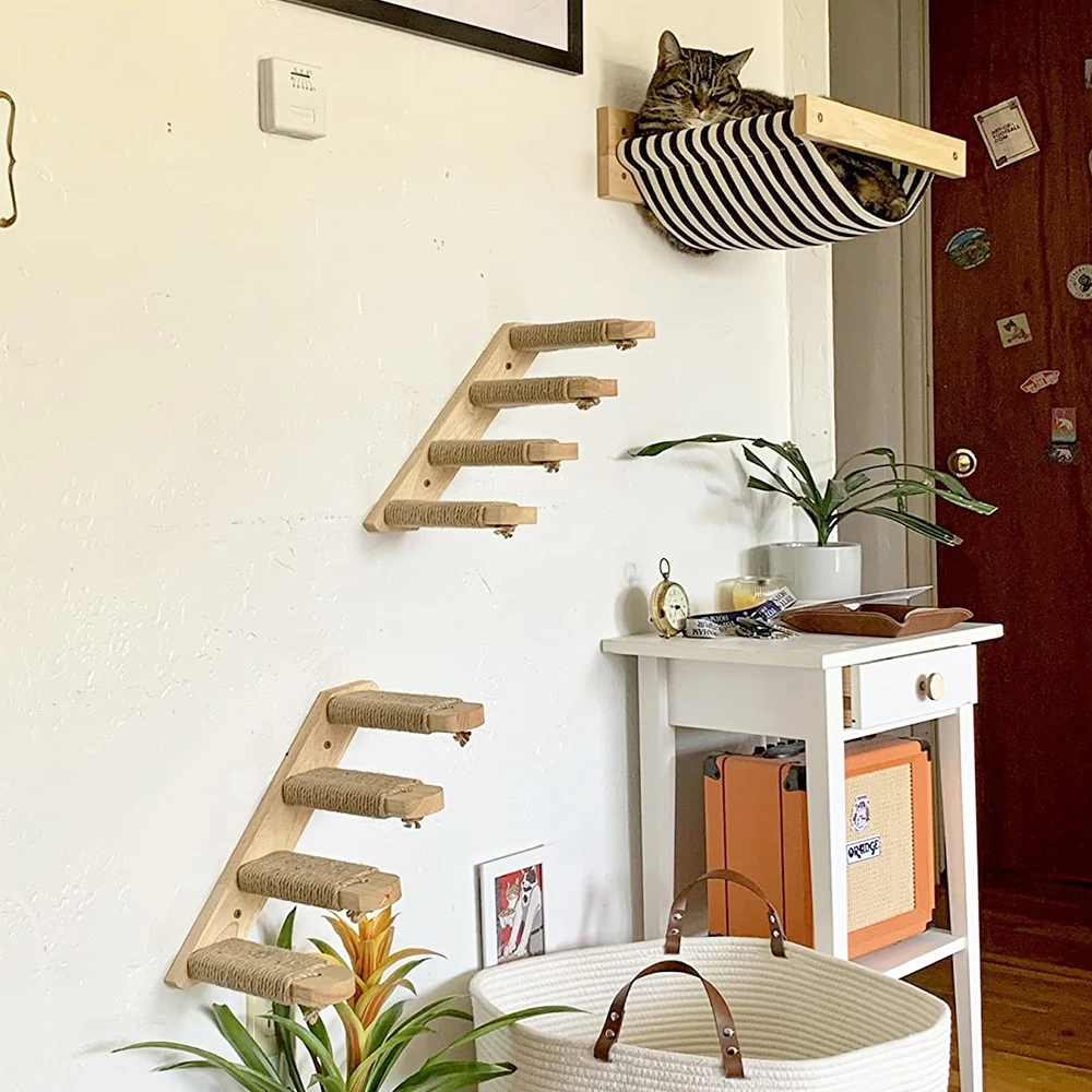 Cat Wall Climbing Shelf Steps Ladder Scratching Post Scratcher Bed Hiding House for Cats Tree Tower Pet Furniture Accessories