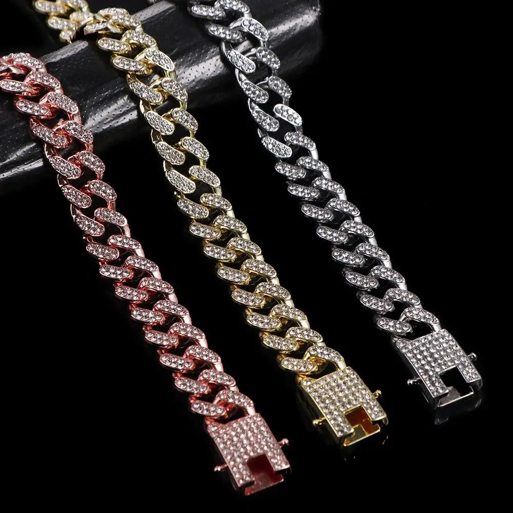Pet Dog Cat Chain Collar Jewelry Metal Material with Diamond 12.5mm Width Collar Pitbull Personalised Dogs Collars Accessories