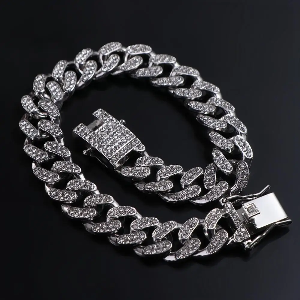Pet Dog Cat Chain Collar Jewelry Metal Material with Diamond 12.5mm Width Collar Pitbull Personalised Dogs Collars Accessories