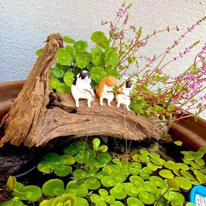 Fishing Cat Ornaments Aquarium Decoration Fish Landscaping Cartoon Cat Statue Mini Resin Figurine Home Decorations