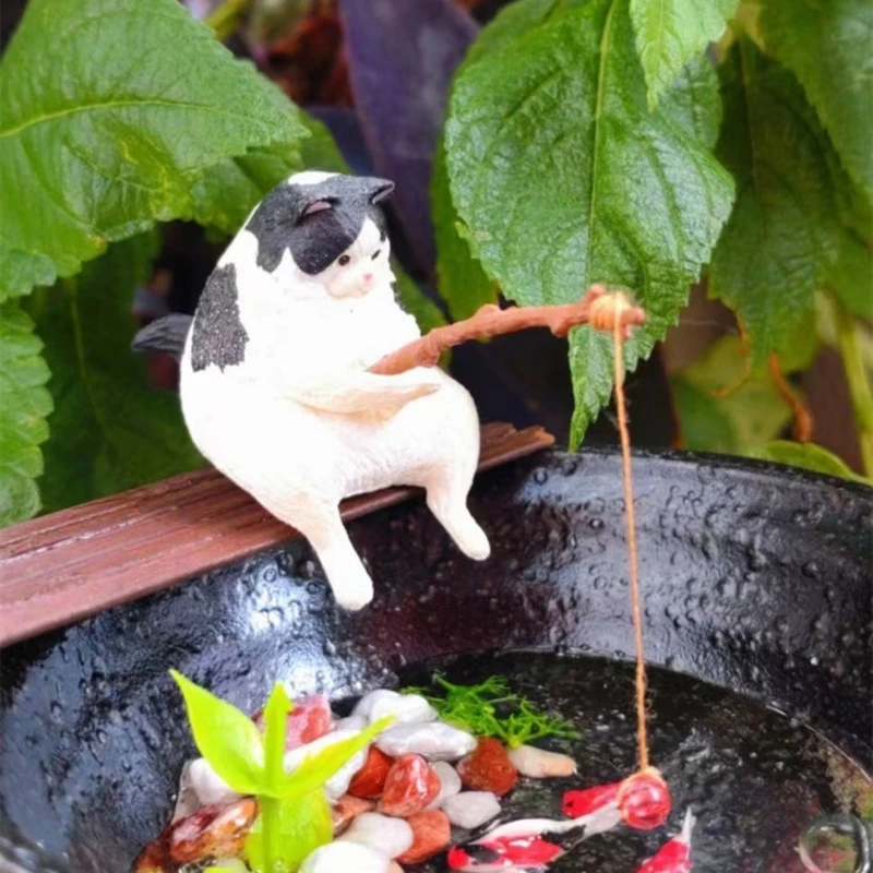 Fishing Cat Ornaments Aquarium Decoration Fish Landscaping Cartoon Cat Statue Mini Resin Figurine Home Decorations