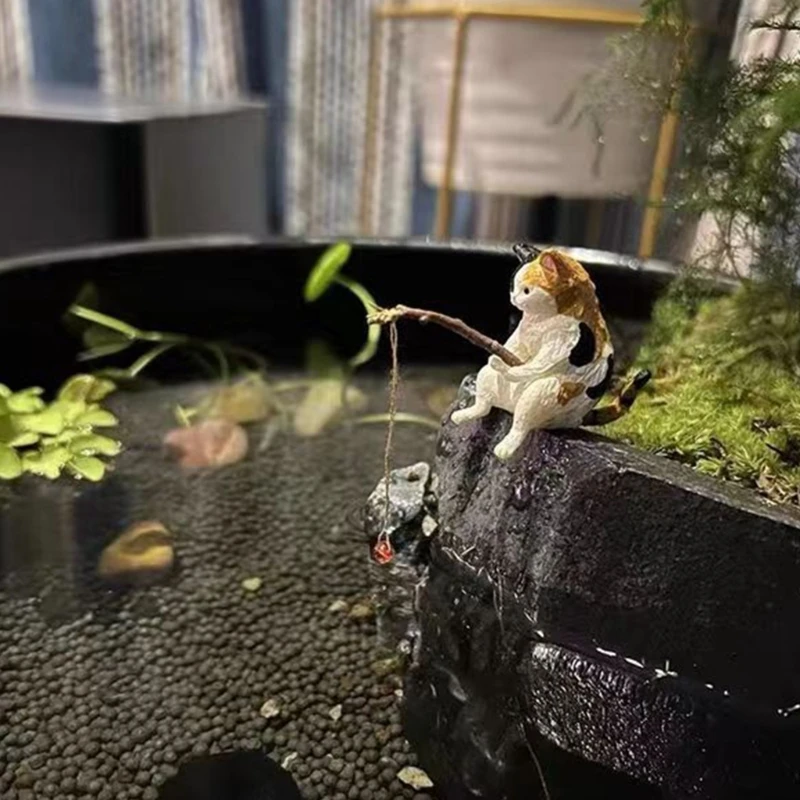 Fishing Cat Ornaments Aquarium Decoration Fish Landscaping Cartoon Cat Statue Mini Resin Figurine Home Decorations