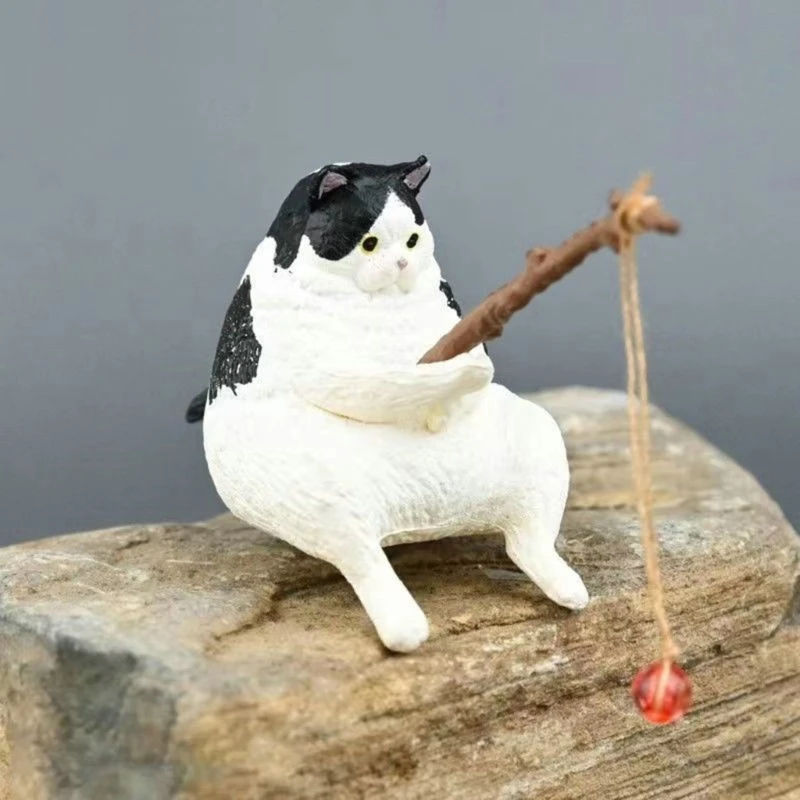 Fishing Cat Ornaments Aquarium Decoration Fish Landscaping Cartoon Cat Statue Mini Resin Figurine Home Decorations