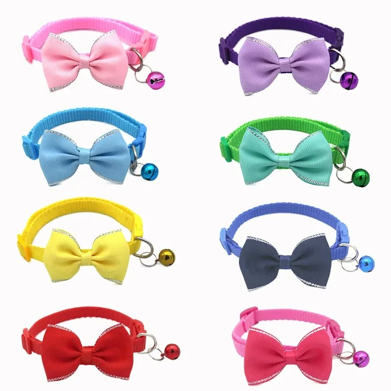 Cat Collar Solid Color Bowknot Puppy Chihuahua Collars with Bell Adjustable Safety Buckle Cats Bow Tie Pets Accessories