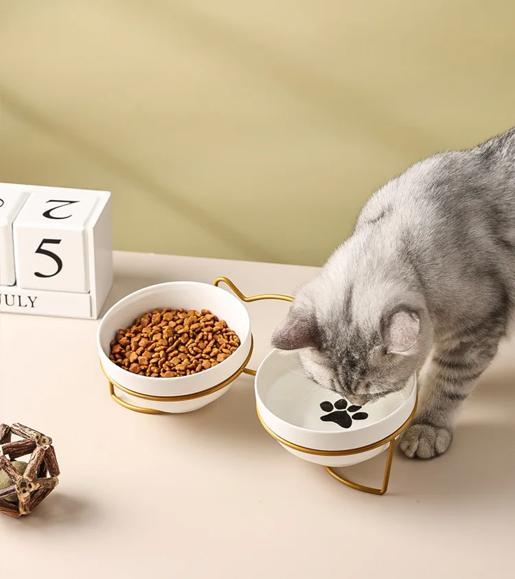 Ceramic Cat Bowl Cat Food Bowl Dog Bowl Drinking Water Bowl Food Bowl Cervical Protection Pet Supplies Ceramic Double Cat Bowl