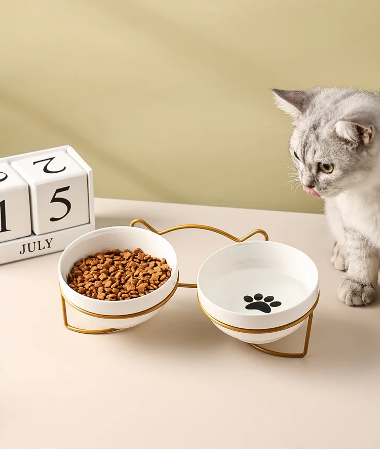 Ceramic Cat Bowl Cat Food Bowl Dog Bowl Drinking Water Bowl Food Bowl Cervical Protection Pet Supplies Ceramic Double Cat Bowl