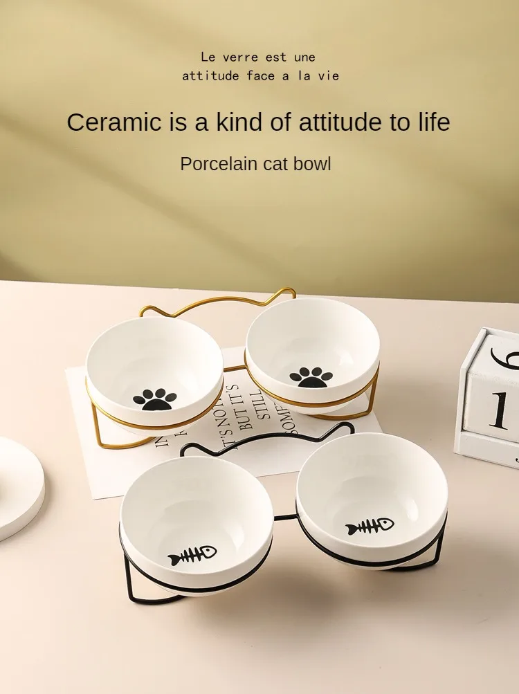 Ceramic Cat Bowl Cat Food Bowl Dog Bowl Drinking Water Bowl Food Bowl Cervical Protection Pet Supplies Ceramic Double Cat Bowl