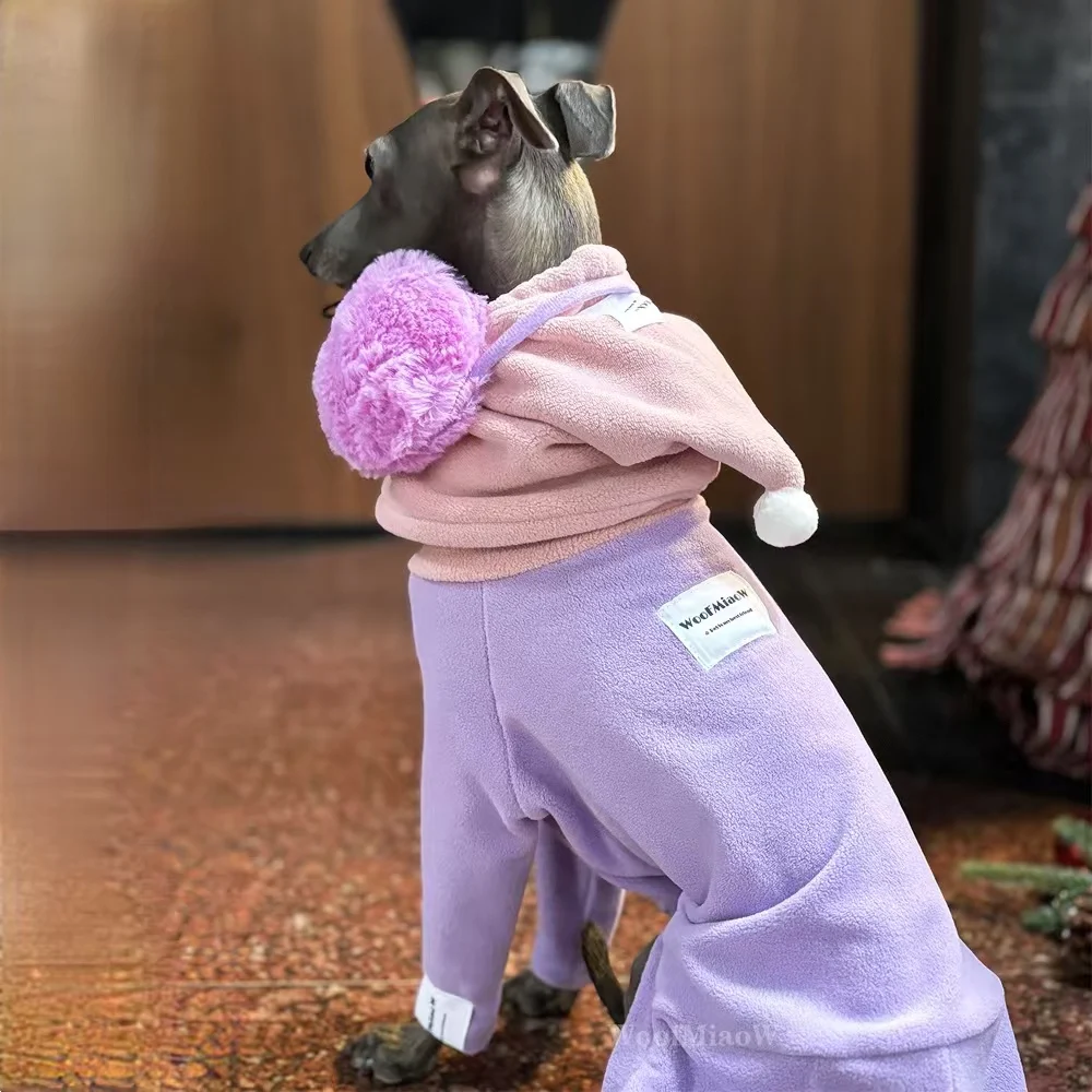 Dog Clothes for Italian Greyho with Hat Pure Color Four-legged Clothing Soft Stretchy Whippet Clothing Winter Warm Dog Clothing