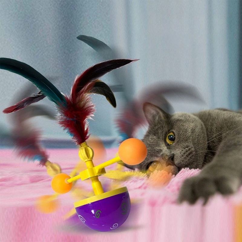 Cat Toy Tumbler Fun Teasing Interactive Feather Kitten Toy Scratching Ball Durable Bite Cat Accessories