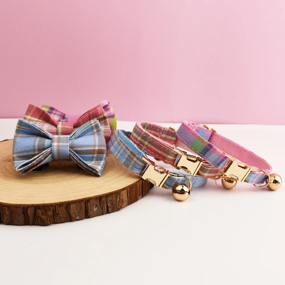Plaid Pattern Cat Collar Bowknot Adjustable Safety Personalized Pet Collar Customized Name Soft Collar
