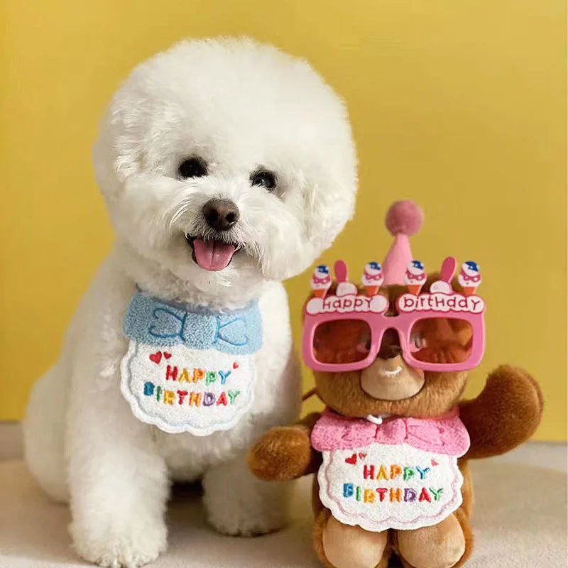Cute Dog Cat Clothes Birthday Bib Party Hat Bandana Set Puppy Cat Adjustable Drool Scarf Pets Birthday Costume Supplies