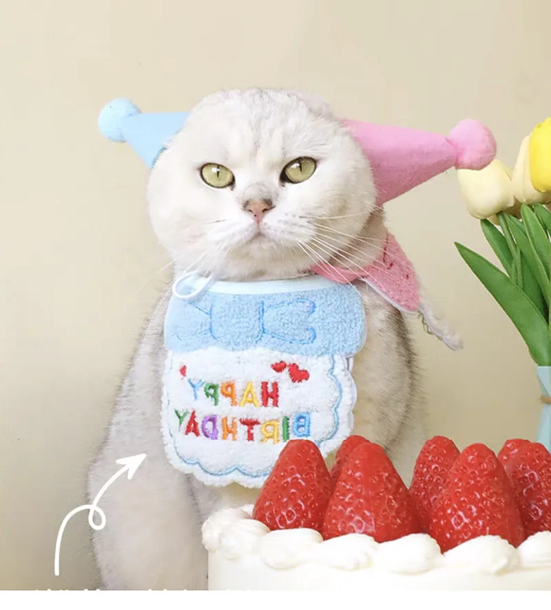 Cute Dog Cat Clothes Birthday Bib Party Hat Bandana Set Puppy Cat Adjustable Drool Scarf Pets Birthday Costume Supplies