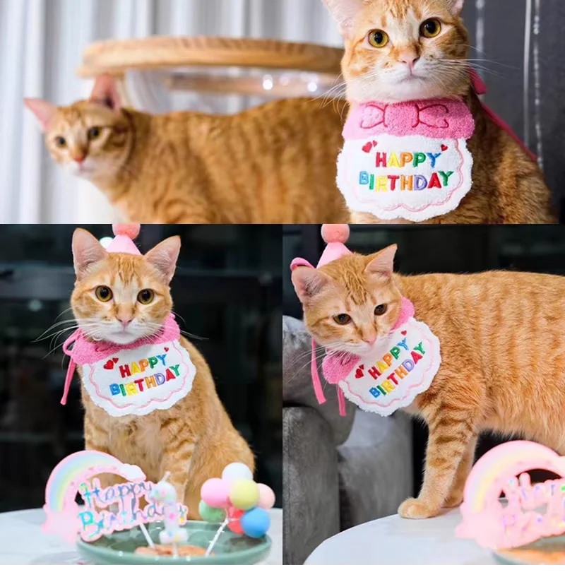 Cute Dog Cat Clothes Birthday Bib Party Hat Bandana Set Puppy Cat Adjustable Drool Scarf Pets Birthday Costume Supplies