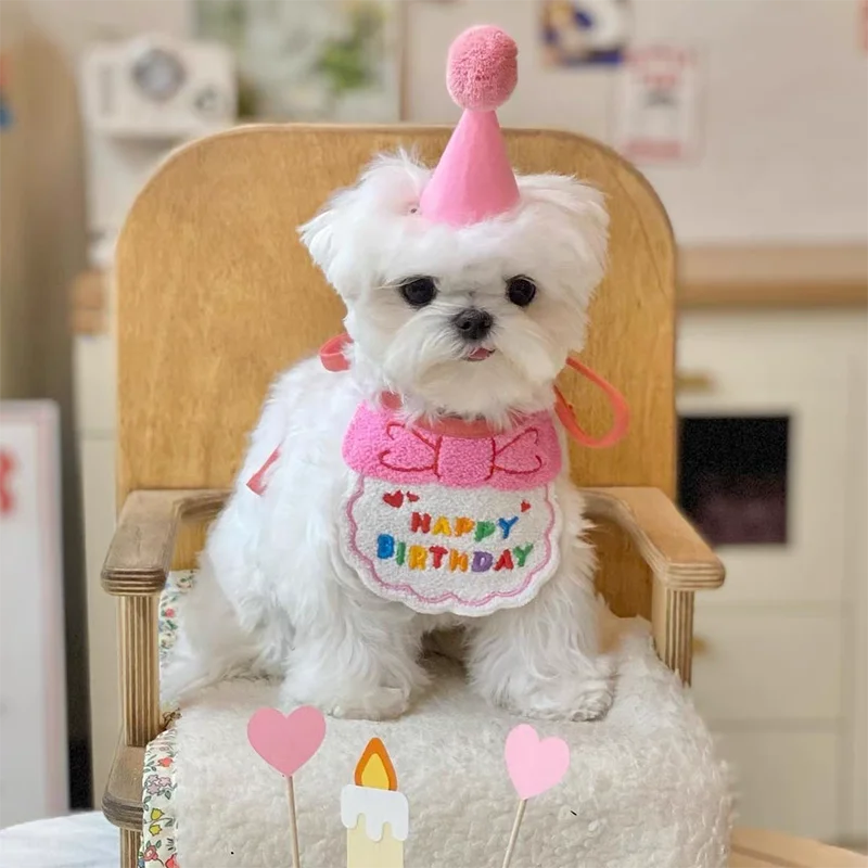 Cute Dog Cat Clothes Birthday Bib Party Hat Bandana Set Puppy Cat Adjustable Drool Scarf Pets Birthday Costume Supplies