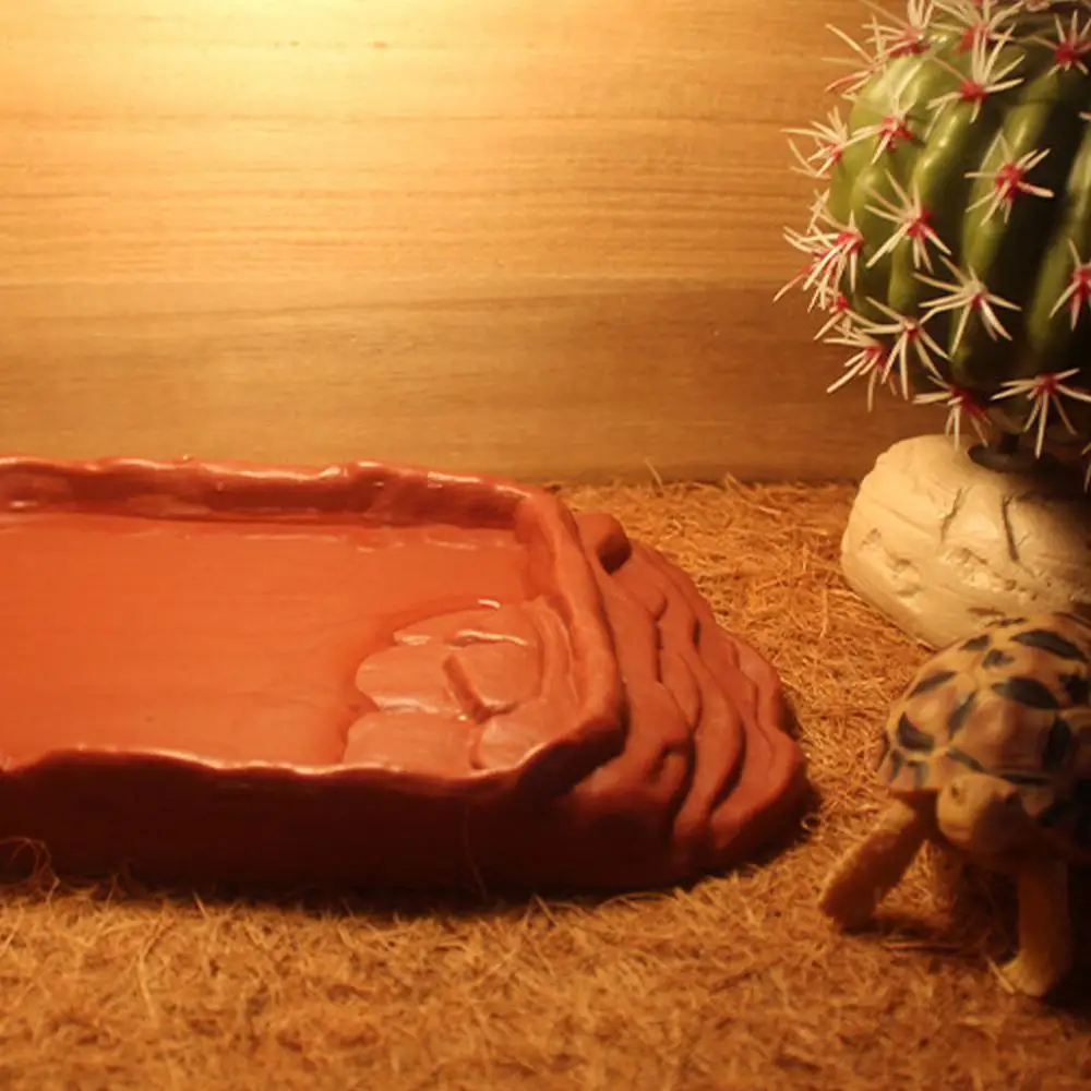 Turtle Water Dish With Anti-Slip Imitation Rock Ladders Food Water Bowl For Bearded Dragon Lizards Gecko Small Pet Supplies