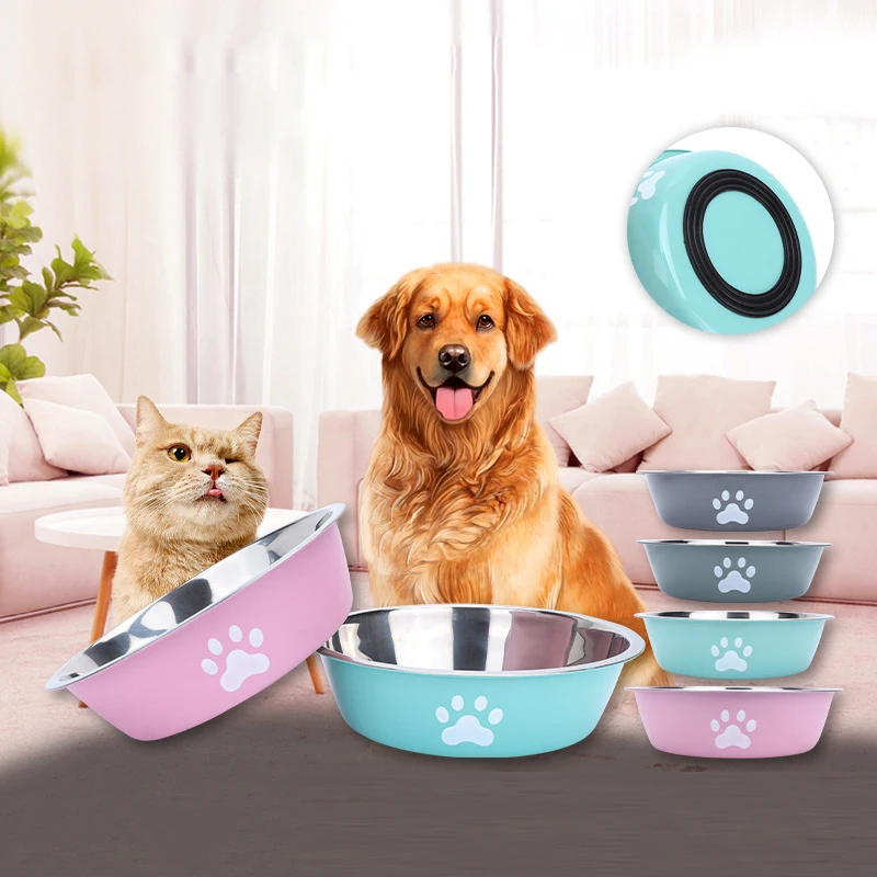 New stainless steel dog basin paw print pet supplies cat bowl dog bowl silicone anti-slip design pet drinking water feeding bowl