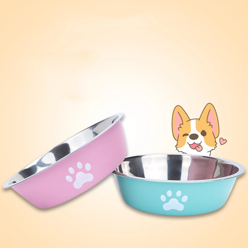 New stainless steel dog basin paw print pet supplies cat bowl dog bowl silicone anti-slip design pet drinking water feeding bowl