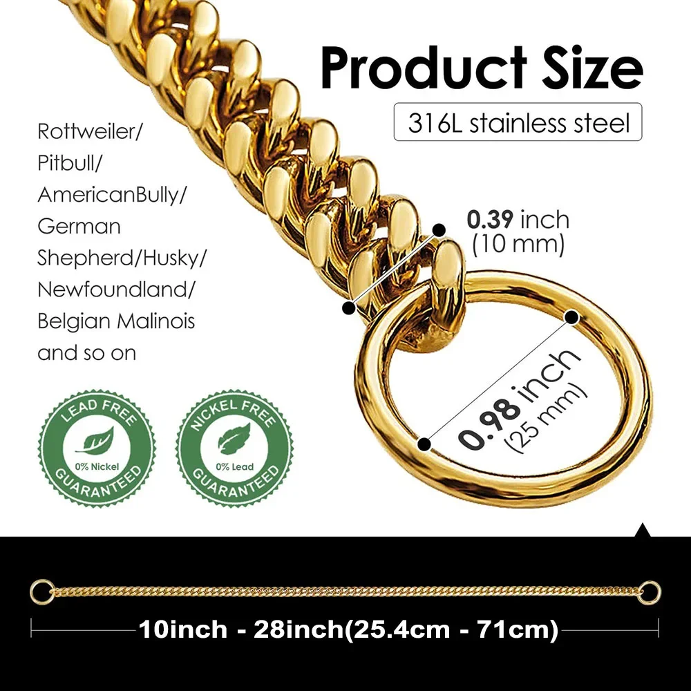 Golden Stainless Steel Dog Necklace P Chain Titanium Steel Dog Collar for All Stage Dog Breeds for Pet Training