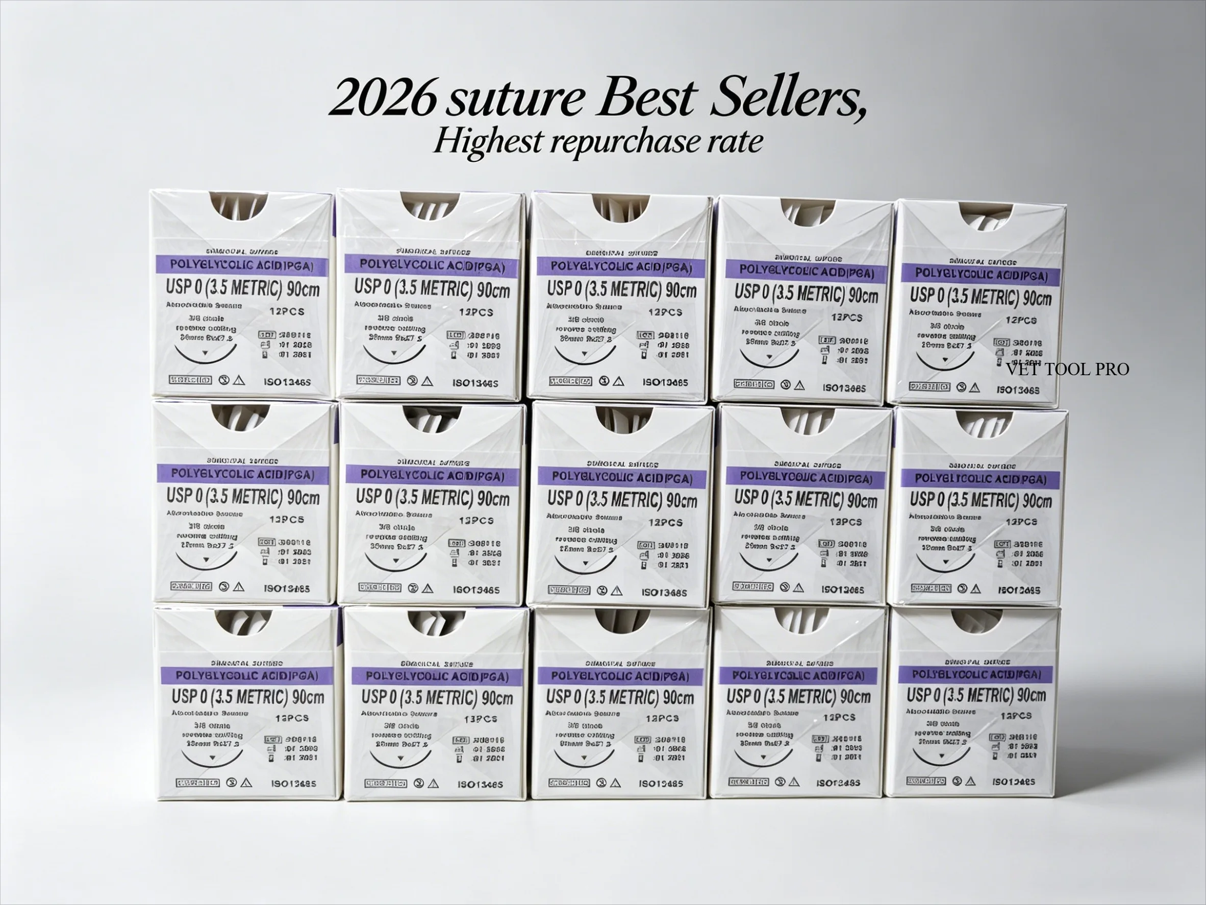 Veterinary Absorbable Sutures, Polyglycolic Suture (0/2/3/4 Medical Suture) (12 Pcs/90cm Round/Reverse Suture Thread)