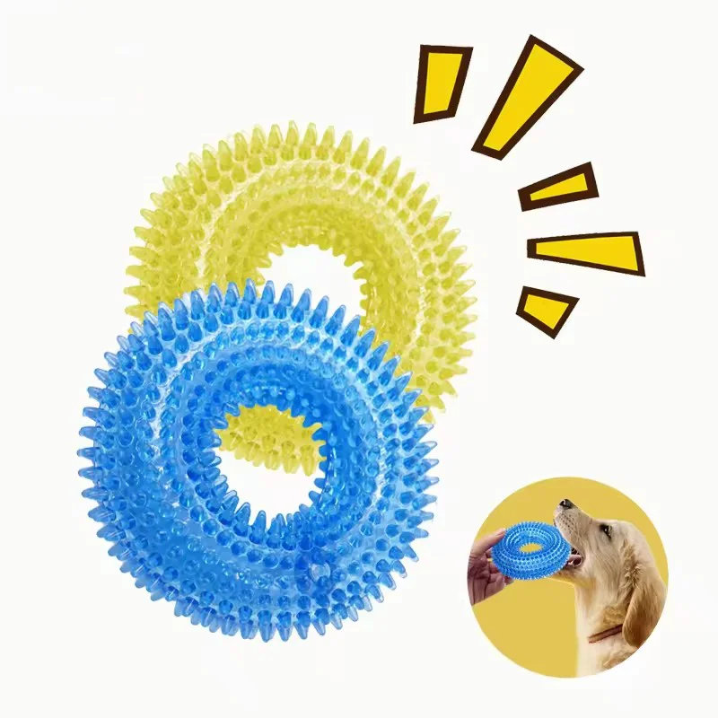 Dog Chew Toy Durable Squeaky Thorn Ring Interactive Sound Training Natural TPR Rubber Teeth Cleaning Grinding Non Toxic Puppy