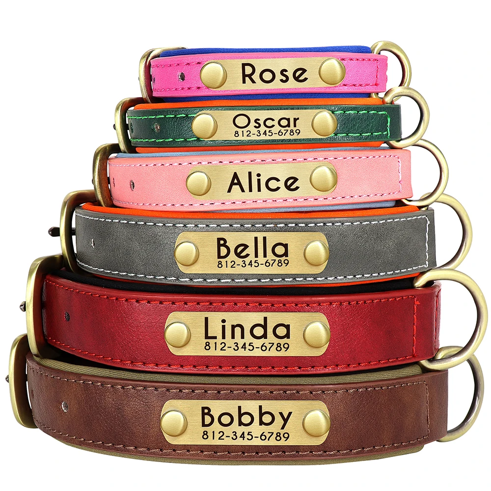 Personalized PU Leather Dog Collar Soft Padded Dog Collars Free Custom Pet ID Name Necklace for Small Medium Large Dogs Pitbull