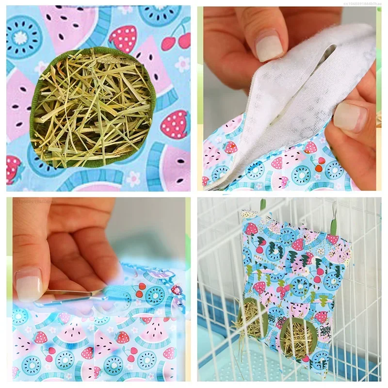 2/3 Holes Hanging Hay Bag with Hooks, Cute Watermelon Strawberry Feeder Dispenser for Rabbits Guinea Pigs Small Animals Cage Acc