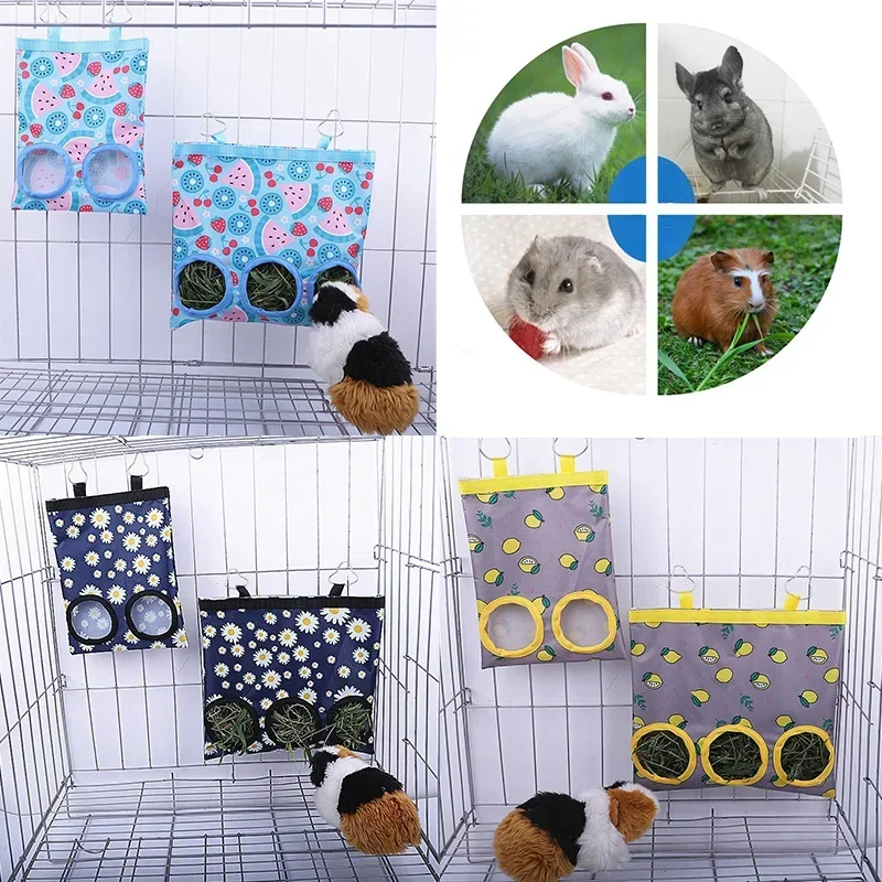 2/3 Holes Hanging Hay Bag with Hooks, Cute Watermelon Strawberry Feeder Dispenser for Rabbits Guinea Pigs Small Animals Cage Acc