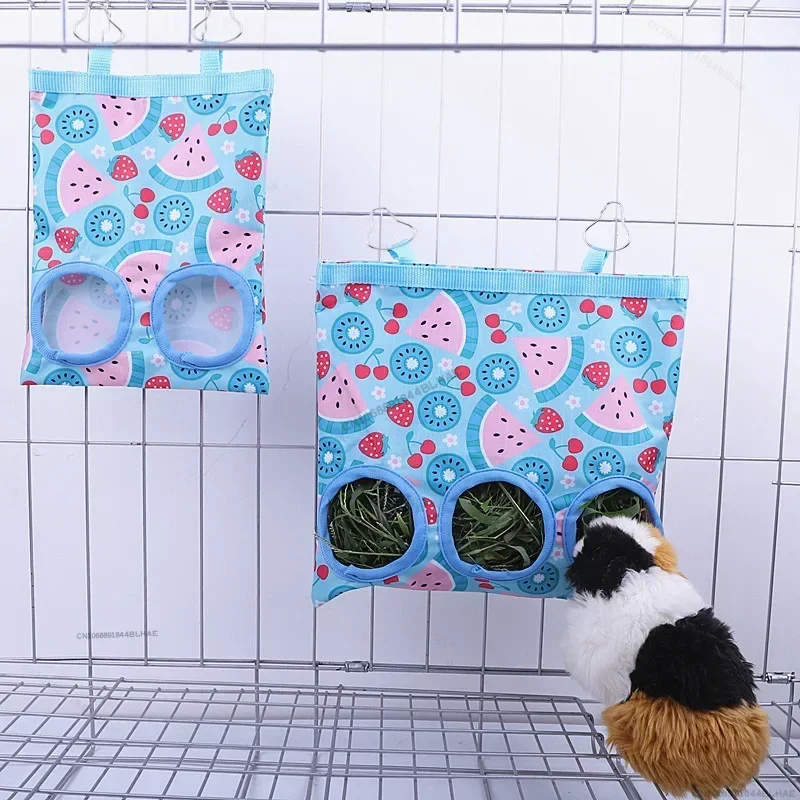 2/3 Holes Hanging Hay Bag with Hooks, Cute Watermelon Strawberry Feeder Dispenser for Rabbits Guinea Pigs Small Animals Cage Acc