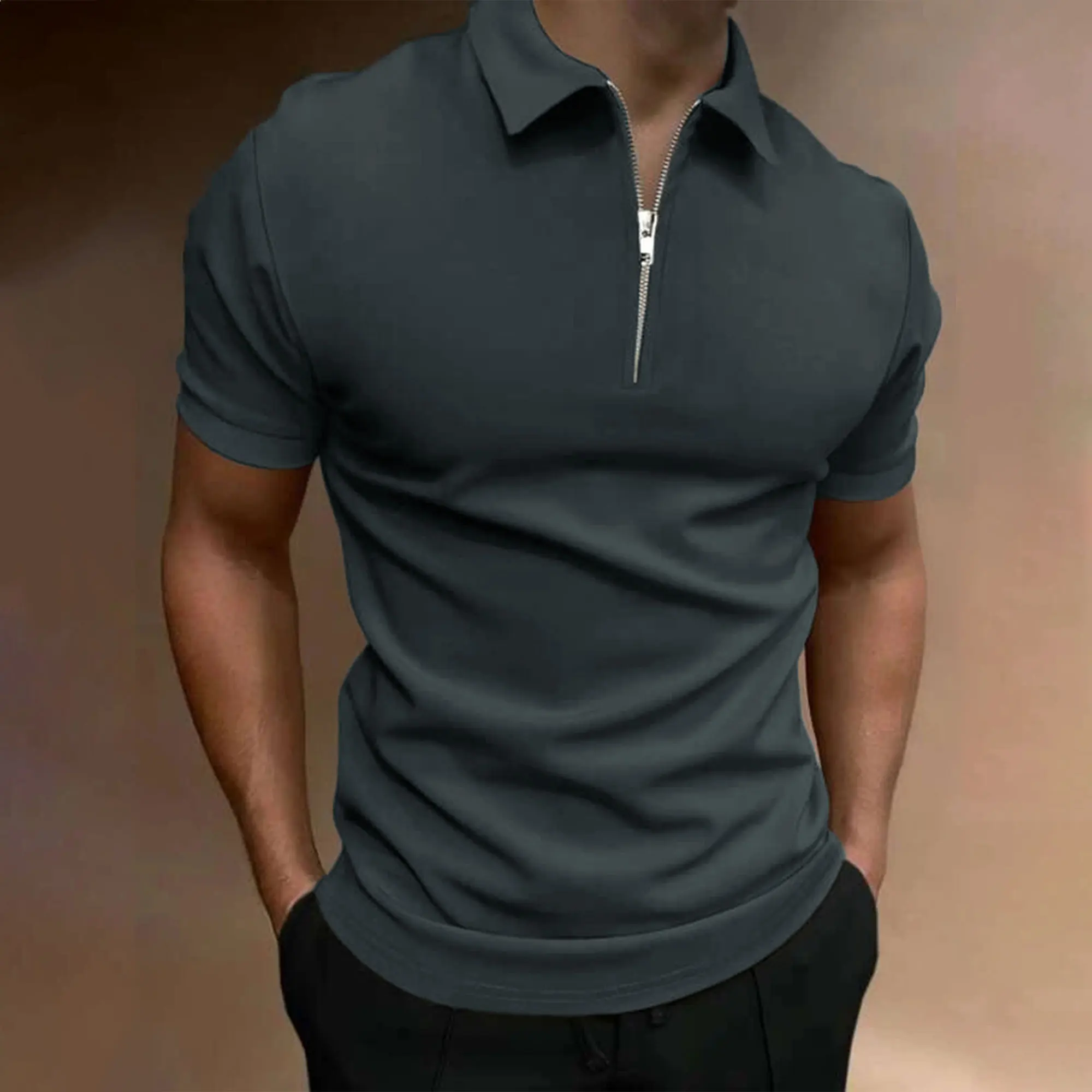 Men's polo shirt solid color short-sleeved zipper lapel T-shirt casual top