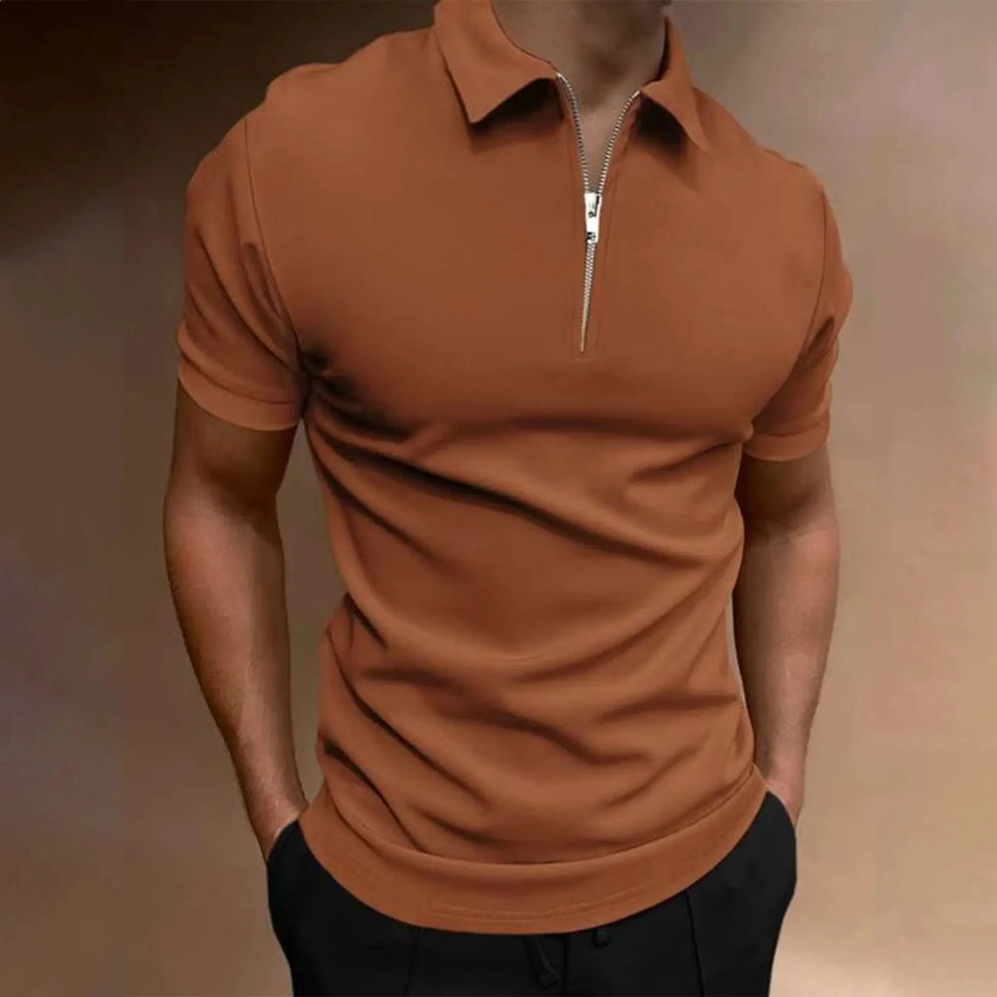 Men's polo shirt solid color short-sleeved zipper lapel T-shirt casual top