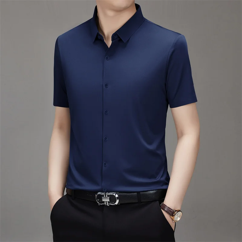 Men's Business Casual Solid Color Short Sleeve Shirt Summer Fashion No Ironing Comfortable Versatile Top for Men