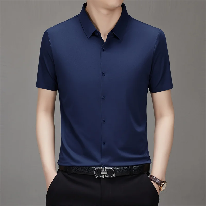 Men's Business Casual Solid Color Short Sleeve Shirt Summer Fashion No Ironing Comfortable Versatile Top for Men