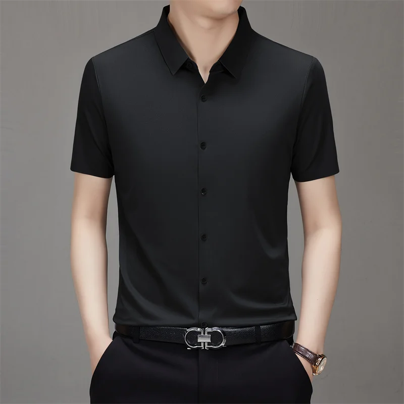 Men's Business Casual Solid Color Short Sleeve Shirt Summer Fashion No Ironing Comfortable Versatile Top for Men