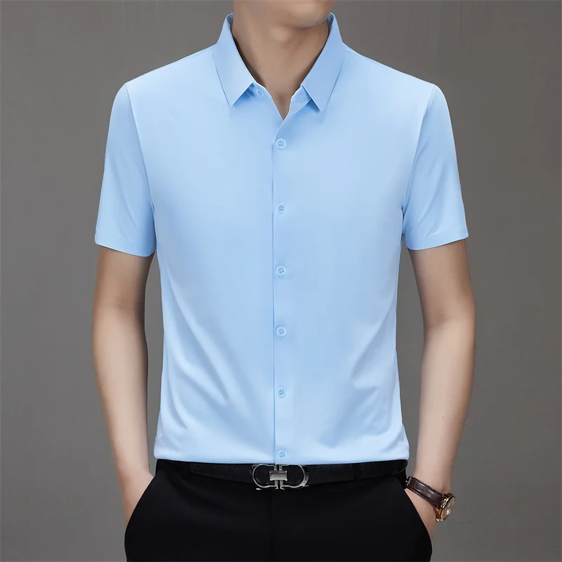 Men's Business Casual Solid Color Short Sleeve Shirt Summer Fashion No Ironing Comfortable Versatile Top for Men