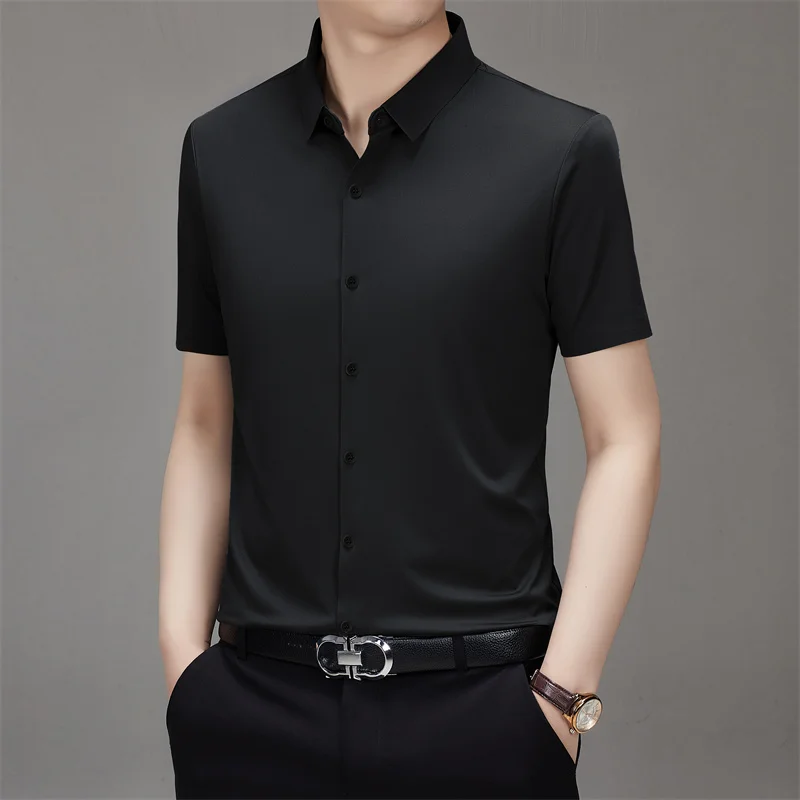 Men's Business Casual Solid Color Short Sleeve Shirt Summer Fashion No Ironing Comfortable Versatile Top for Men