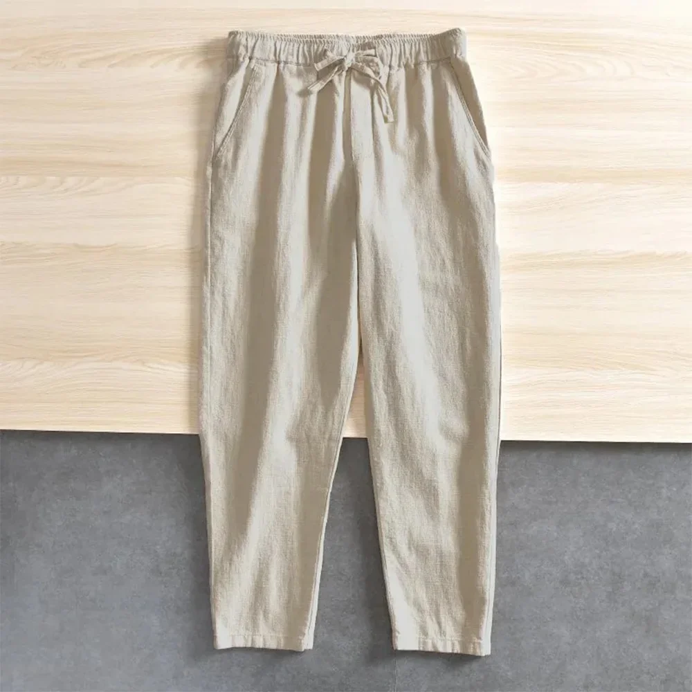 Men's Cotton Linen Casual Pants Baggy Streetwear Men Joggers Sports Trousers Solid Color Long Straight Trendy Pants for Men