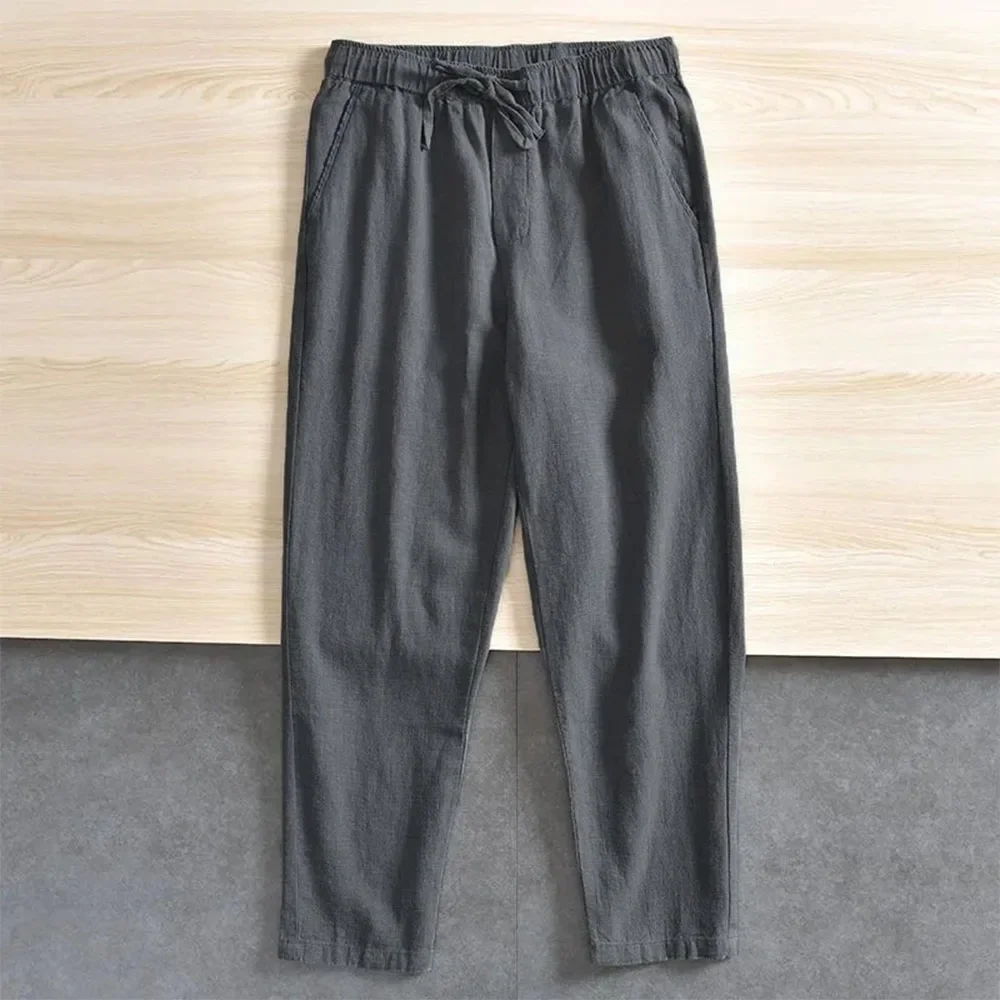 Men's Cotton Linen Casual Pants Baggy Streetwear Men Joggers Sports Trousers Solid Color Long Straight Trendy Pants for Men