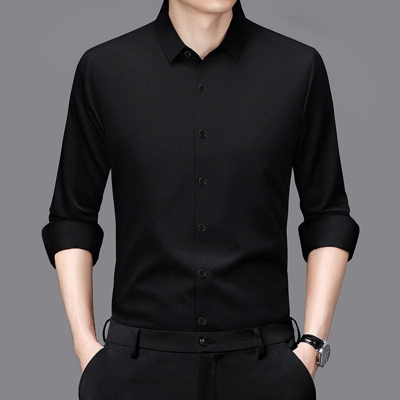Men's Business Casual Long Sleeve Shirt Solid Color Wrinkle Resistant Comfortable All-Season Versatile Top