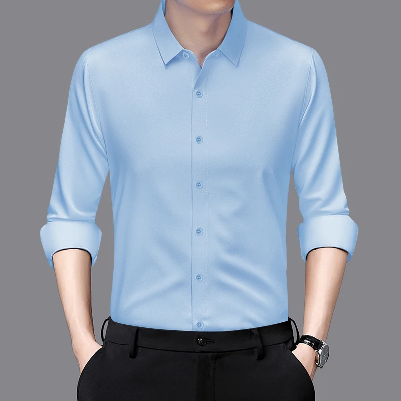 Men's Business Casual Long Sleeve Shirt Solid Color Wrinkle Resistant Comfortable All-Season Versatile Top