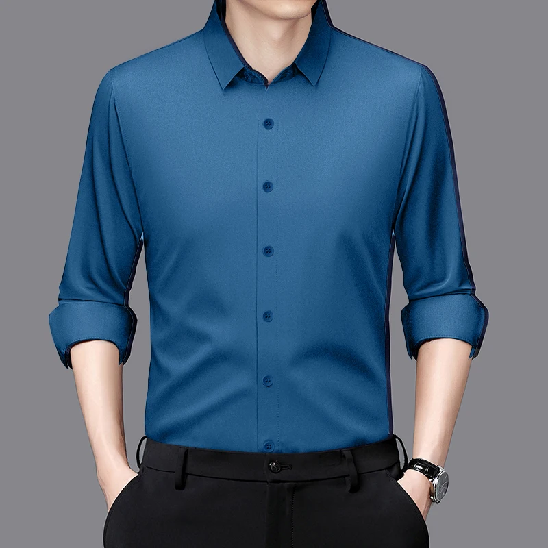 Men's Business Casual Long Sleeve Shirt Solid Color Wrinkle Resistant Comfortable All-Season Versatile Top