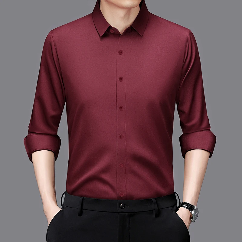 Men's Business Casual Long Sleeve Shirt Solid Color Wrinkle Resistant Comfortable All-Season Versatile Top