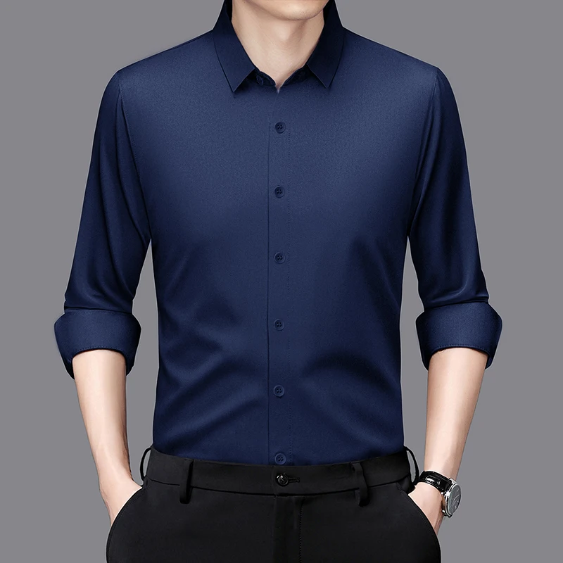 Men's Business Casual Long Sleeve Shirt Solid Color Wrinkle Resistant Comfortable All-Season Versatile Top