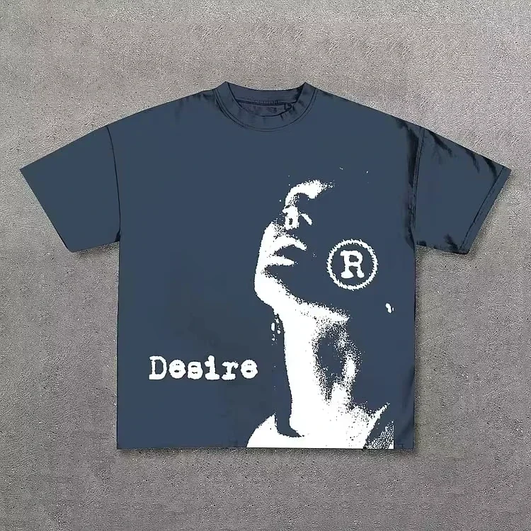 Vintage 2026 Desire Graphic Print Cotton T-Shirt Men Y2K Summer Short Sleeves Vintage Oversize Tshir