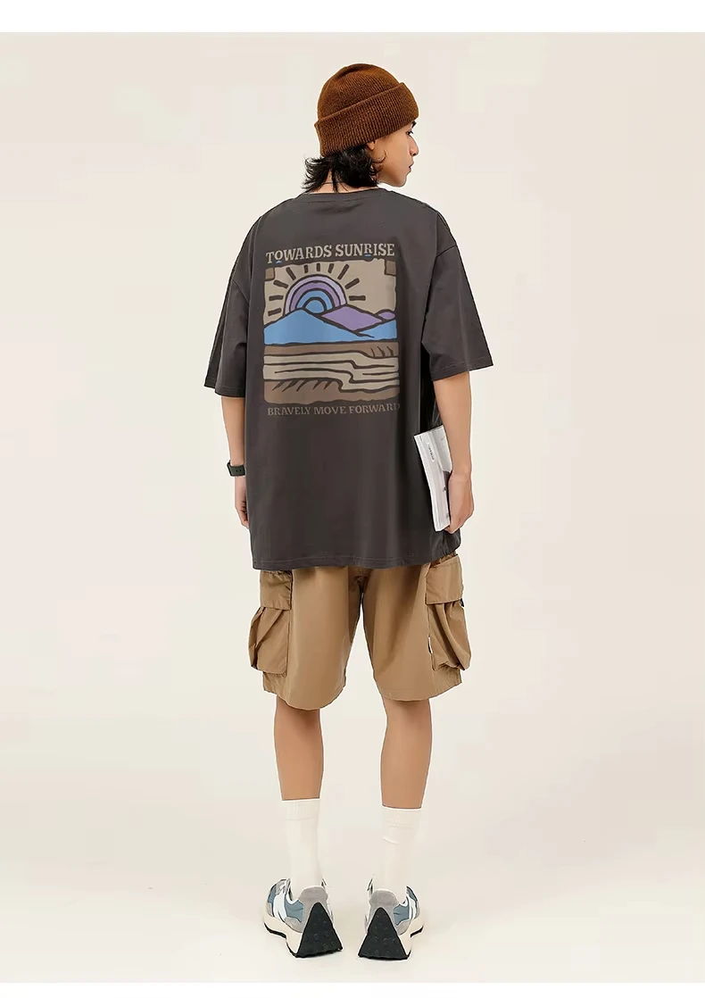 American Retro Pattern Printed Short-sleeved Crew Neck Cotton T-shirt Unisex Top Casual Loose Fashion Streetwear Top