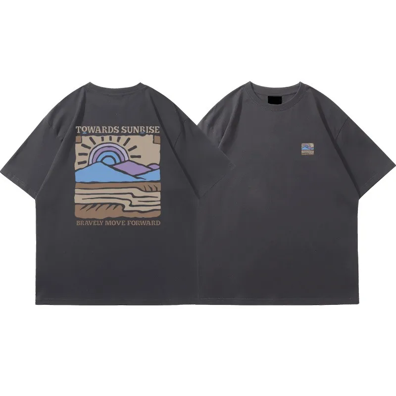 American Retro Pattern Printed Short-sleeved Crew Neck Cotton T-shirt Unisex Top Casual Loose Fashion Streetwear Top